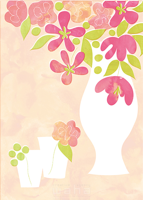 イラスト＆写真のストックフォトwaha（ワーハ）　インテリア、植物、屋内、部屋、リビング、水彩、花瓶、花、横並び、額縁、グラス　Ananas Works　18-6925b