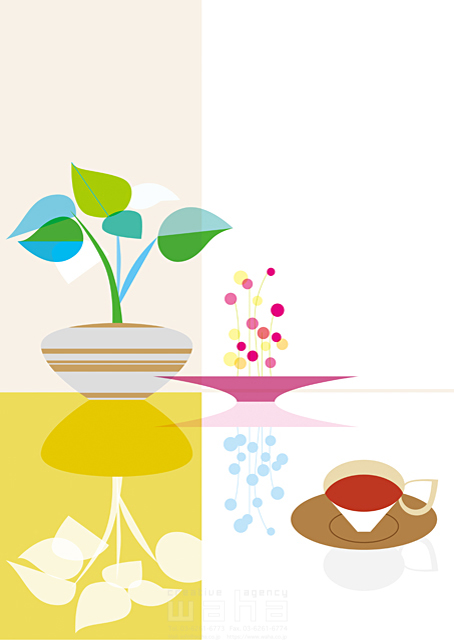 イラスト＆写真のストックフォトwaha（ワーハ）　インテリア、植物、屋内、部屋、リビング、デザイン、花瓶、花、コーヒー、コーヒーカップ、紅茶、カップ、鏡面、白バック　Tatsuya　18-6960b