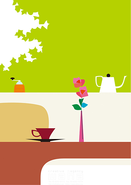 イラスト＆写真のストックフォトwaha（ワーハ）　インテリア、植物、屋内、部屋、リビング、デザイン、花瓶、花、コーヒー、コーヒーカップ、紅茶、カップ、鏡面、白バック、ポット、コーヒーメーカー　Tatsuya　18-6966b