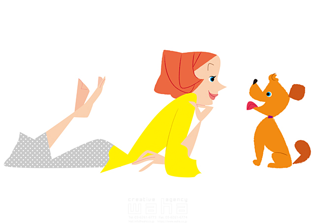 ペット リビング 女子 代 30代 向き合う 見つめ合う 対面 犬 遊ぶ 寝転ぶ 肘付き 笑顔 子供 子犬 小型犬 ヨークシャテリア プードル 家族 友達 イラスト作品紹介 イラスト 写真のストックフォトwaha ワーハ カンプデータは無料