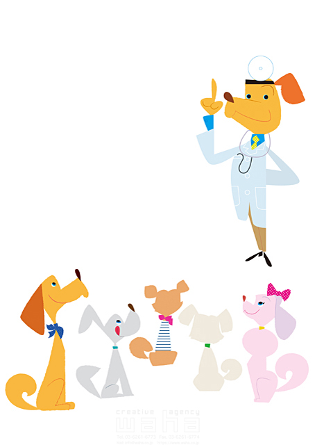 イラスト＆写真のストックフォトwaha（ワーハ）　ペット、犬、子犬、喜ぶ、見上げる、小型犬、メス、オス、集合、友達、医者、病院、クリニック、指差し、説明、案内、擬人、イメージ、先生、診察、聴診器、職業、健康　Tatsuya　18-7041c