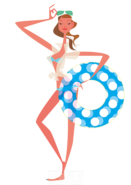 イラスト＆写真のストックフォトwaha（ワーハ）　人物、女性、女子、一人、20代、30代、夏、真夏、常夏、海、旅行、レジャー、プール、水着、波、太陽、浮き輪、泳ぐ、遊び、OL、ビーチボール、日光浴、日焼け、ビーチ、ポーズ　Tatsuya　19-0241b