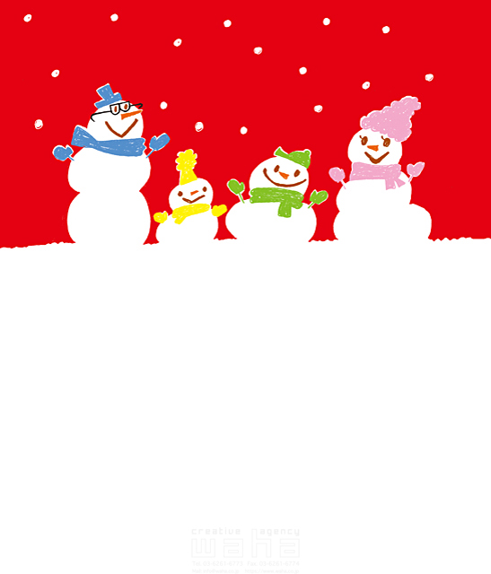 イラスト＆写真のストックフォトwaha（ワーハ）　家族、父、母、子供、兄弟、夫婦、擬人化、冬、雪だるま、白地、ホワイトボード、メッセージボード、キャラクター、クリスマス、マフラー　きつ まき　19-0393b