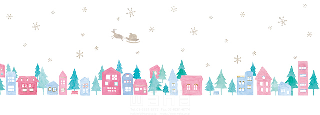 イラスト＆写真のストックフォトwaha（ワーハ）　街、町、まち、ビル、冬、家、建物、街並み、町並み、クリスマス、サンタクロース、トナカイ、聖夜、クリスマスイブ、雪、雪の結晶、水彩、夜空　naginohi　19-0411b