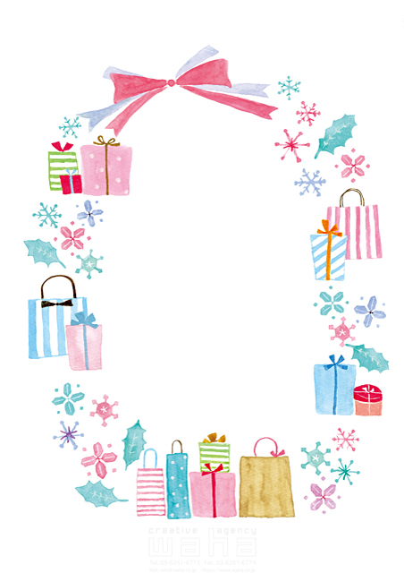 イラスト＆写真のストックフォトwaha（ワーハ）　ショッピング、シッピングバッグ、バーゲン、フェア、セール、イベント、冬、クリスマス、プレゼント、プレゼントボックス、メッセージボード、ホワイトボード、雪の結晶、リボン、水彩、買い物　naginohi　19-0413b