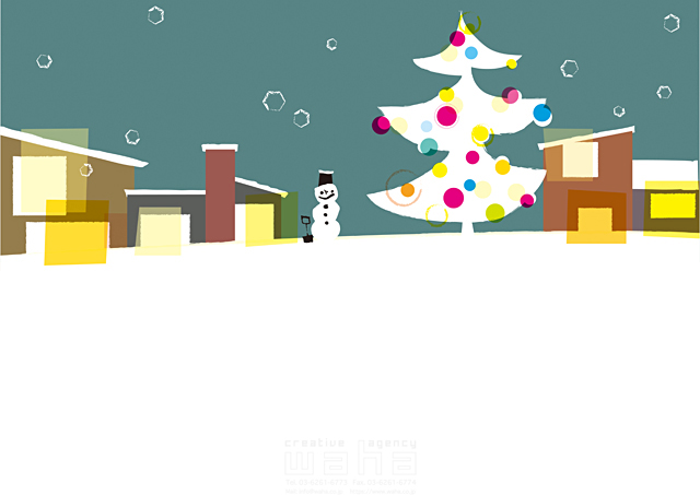 イラスト＆写真のストックフォトwaha（ワーハ）　街、町、まち、ビル、冬、家、住宅、建物、町並み、街並み、クリスマスツリー、クリスマスイブ、雪だるま、聖夜、家並み、イベント、雪　Tatsuya　19-0445b