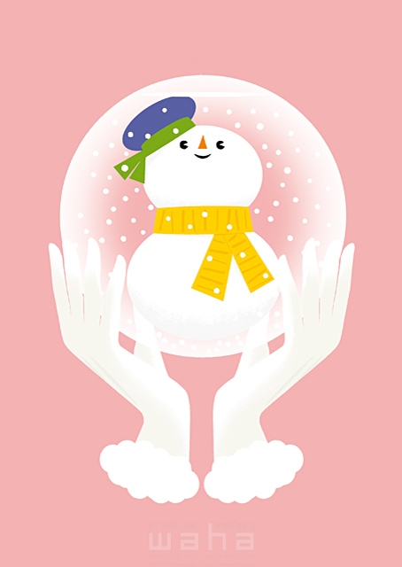 イラスト＆写真のストックフォトwaha（ワーハ）　イメージ、雪だるま、雪、冬、手、水晶玉、スノードーム、クリスマス、プレゼント、夢、支える、キャラクター、手袋　eka　19-0459b