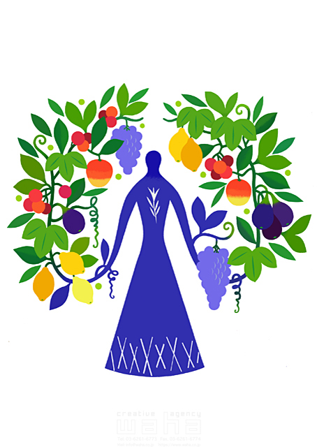 イラスト＆写真のストックフォトwaha（ワーハ）　イメージ、人物イメージ、女性、果物、実る、実りの秋、植物、エコロジー、収穫、記念、自然、オリーブの葉、月桂樹の葉、冠、シンボリック、食べ物　eka　19-0532b