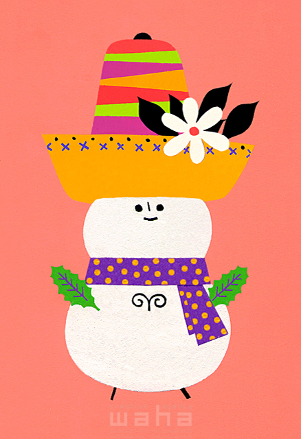 イラスト＆写真のストックフォトwaha（ワーハ）　イメージ、擬人化、雪だるま、冬、メキシカン八ット、シンボリック、花、帽子、冬　eka　19-0711b
