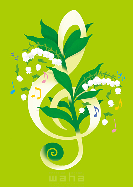 イラスト＆写真のストックフォトwaha（ワーハ）　イメージ、音楽、音符、ト音記号、花、植物、エコロジー、奏でる、シンボリック、春、コンサート、スズラン　eka　19-0849b