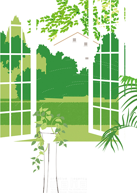 イラスト＆写真のストックフォトwaha（ワーハ）　夏、植物、木、ガーデンライフ、窓、緑、住宅、エコロジー、暮らし、生活、避暑地、別荘、室内、庭、リゾート、グリーンライフ、観葉植物、窓辺　都筑 みなみ　19-0995c