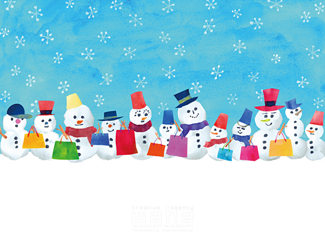 イラスト＆写真のストックフォトwaha（ワーハ）　冬、クリスマス、雪だるま、ショッピング、買い物、家族、親子、列、複数　Ananas Works　19-1222b