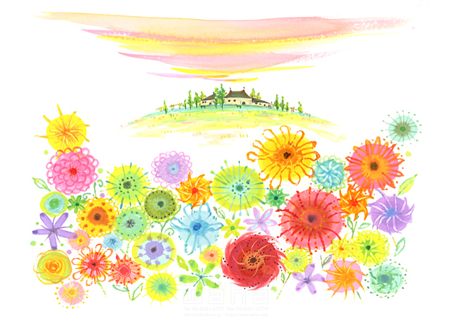 イラスト＆写真のストックフォトwaha（ワーハ）　カレンダー、花、植物、自然、風景、丘、家、住宅、田舎、明るい、春、エコロジー、成長　中野 和美　19-1323c