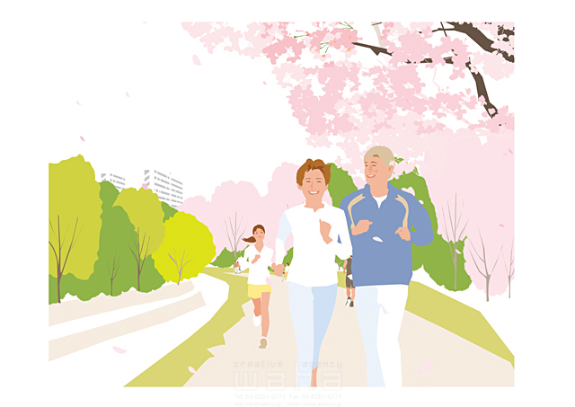 イラスト＆写真のストックフォトwaha（ワーハ）　カレンダー、4月、季節、春、夫婦、おじいさん、おばあさん、シニア、男性、女性、花、桜、土手、運動、ジョギング、ランニング、健康　都筑 みなみ　19-1455c