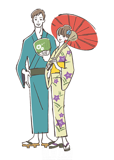 イラスト＆写真のストックフォトwaha（ワーハ）　夏、男性、カップル、夫婦、あいさつ、着物、日本、和風、和服、情緒、旅行　竹内舞　19-1702b