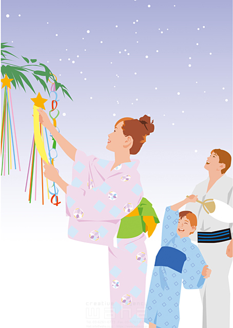 イラスト＆写真のストックフォトwaha（ワーハ）　夏、季節、イベント、七夕、お祭り、希望、願い、和風、日本、浴衣、子供、小学生、家族、親子、お母さん、夫婦　都筑 みなみ　19-1755c