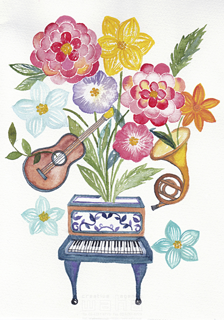 水彩 ギター ホルン ピアノ 楽器 音楽 花 植物 イメージ 咲く 春 演奏 イラスト作品紹介 イラスト 写真のストックフォトwaha ワーハ カンプデータは無料