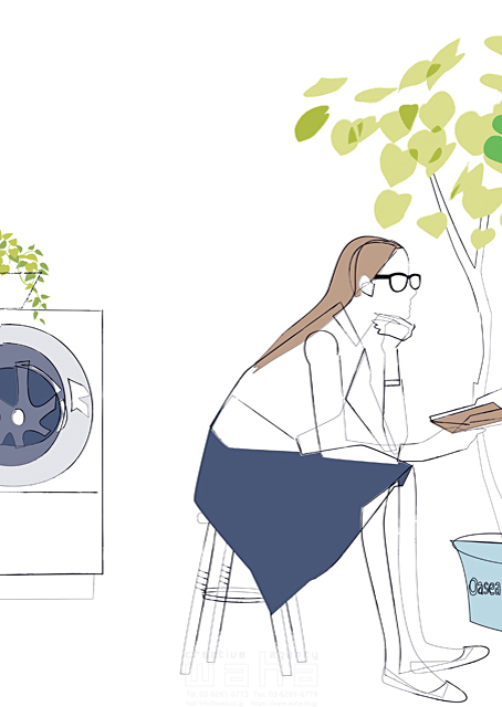 シティライフ シンプル 洗濯 植物 女性 眼鏡 読書 休日 イラスト作品紹介 イラスト 写真のストックフォトwaha ワーハ カンプデータは無料