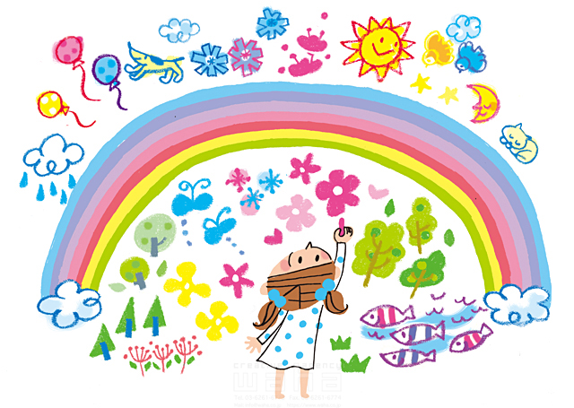 イラスト＆写真のストックフォトwaha（ワーハ）　人物、女性、子供、女の子、小学生、笑顔、落書き、夢、希望、想像、虹、雲、雨、雪、魚、犬、鳥、動物、蝶、自然、植物、花、木、風船、太陽、月、賑やか　きつ まき　19-2014c