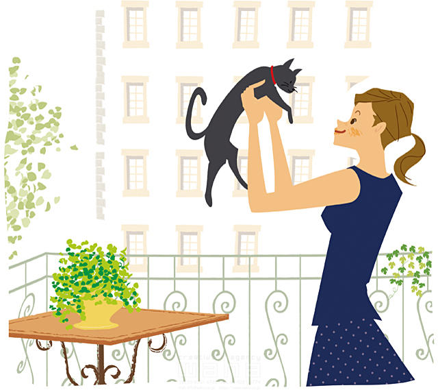 人 人物 女性 大人 猫 ペット ベランダ テラス 街 暮らし 生活 木 自然 イラスト作品紹介 イラスト 写真のストックフォトwaha ワーハ カンプデータは無料