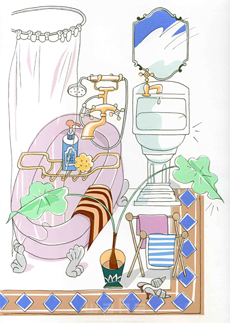 イラスト＆写真のストックフォトwaha（ワーハ）　オーバーレイ、家、室内、家具、部屋、インテリア、植物、緑、バスルーム、風呂、鏡、シャワー　峯岸 由江　19-2379b