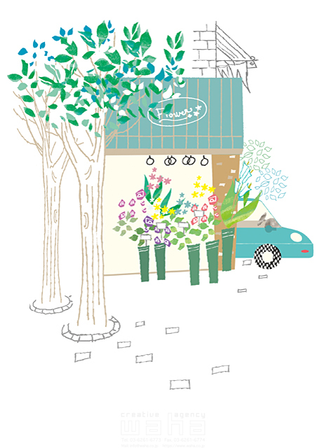 たかぎ のぶこ 屋外 町 街 店 建物 花 ショッピング 買い物 社会 車 木 街路樹 自然 緑 植物 エコロジー 環境 爽やか おしゃれ イラスト作品紹介 イラスト 写真のストックフォトwaha ワーハ カンプデータは無料