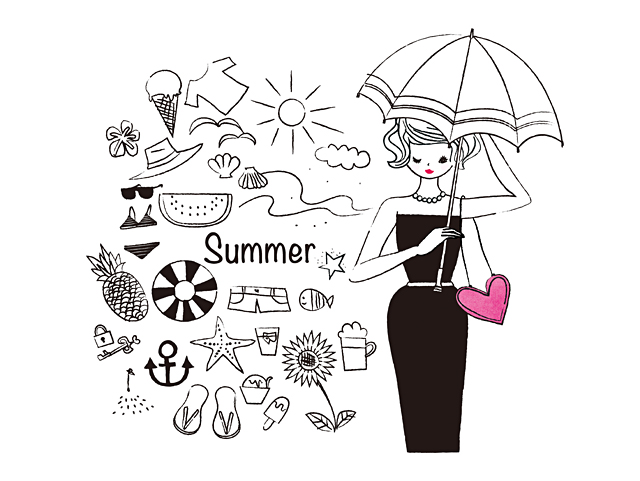 人 女性 大人 若者 ファッション モデル おしゃれ 日傘 お出かけ 季節 夏 海 空 自然 太陽 アイス アイスクリーム スイカ パイナップル トロピカル ひまわり 水着 ビール ウインク イラスト作品紹介 イラスト 写真のストックフォトwaha