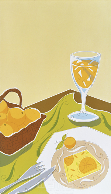 イラスト＆写真のストックフォトwaha（ワーハ）　線画、部屋、テーブル、食事、ジュレ、お菓子、午後、ティータイム、デザート、スウィーツ、オレンジ　おかもと のりこ　2-0767c