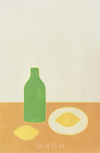 イラスト＆写真のストックフォトwaha（ワーハ）　テーブル、レモン、果物、瓶、花瓶、暮らし、生活、インテリア　細田 雅亮　2-0958b