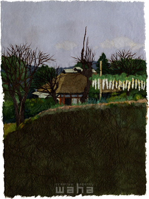 イラスト＆写真のストックフォトwaha（ワーハ）　クラフト、ちぎり絵、風景、日本、田舎、地方、建物、家、自然、木、草、季節、冬、小川町、民家、住まい、古民家、生活　彦坂 禮三　20-0238c
