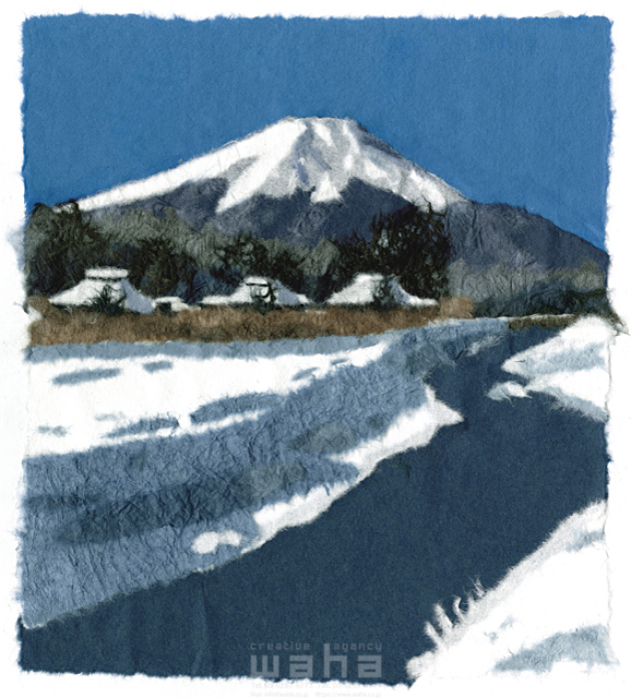 イラスト＆写真のストックフォトwaha（ワーハ）　クラフト、ちぎり絵、風景、日本、田舎、地方、建物、家、自然、木、草、季節、冬、富士山、雪、川、民家、住まい、古民家、生活　彦坂 禮三　20-0239c