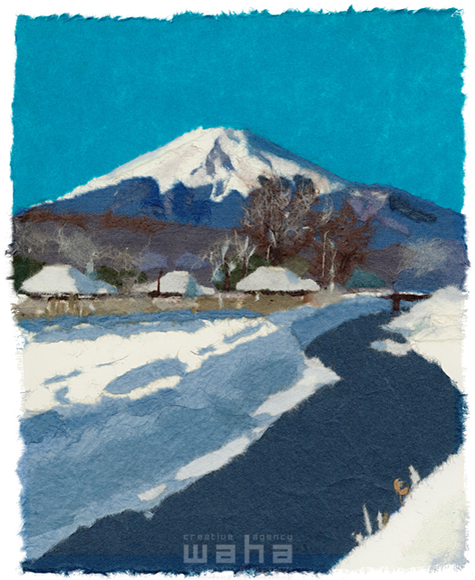 イラスト＆写真のストックフォトwaha（ワーハ）　クラフト、ちぎり絵、風景、日本、田舎、地方、建物、家、自然、木、草、季節、冬、富士山、雪、川、民家、住まい、古民家、生活　彦坂 禮三　20-0240c