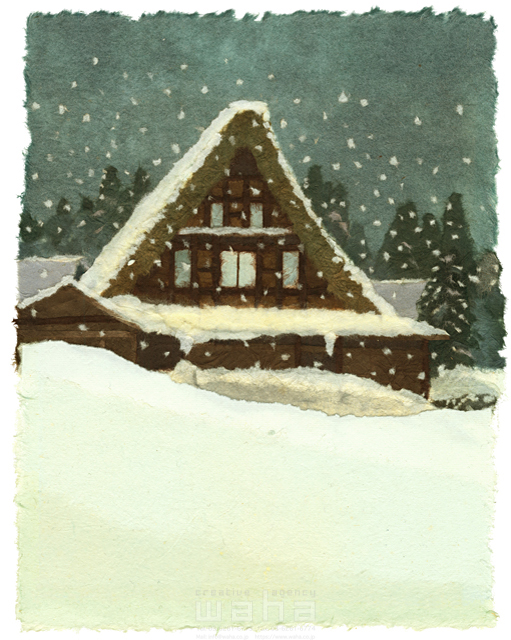 イラスト＆写真のストックフォトwaha（ワーハ）　クラフト、ちぎり絵、風景、日本、田舎、地方、建物、家、自然、木、季節、冬、雪、民家、住まい、古民家、生活　彦坂 禮三　20-0241c