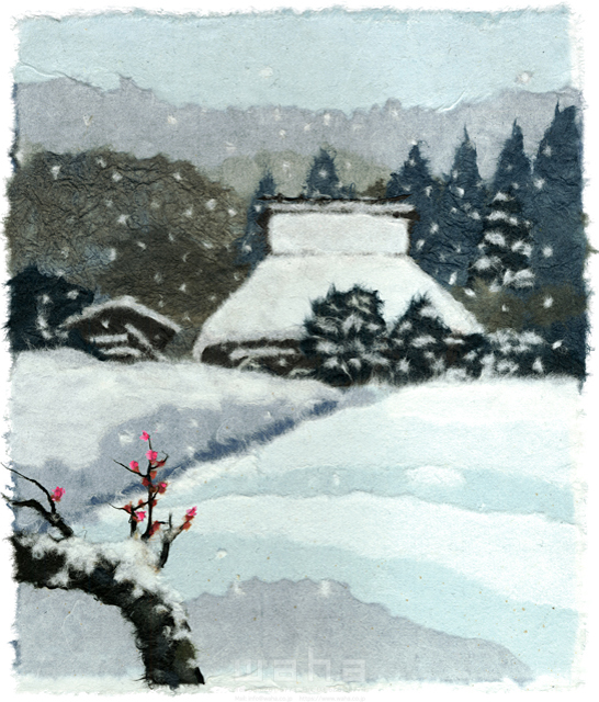 イラスト＆写真のストックフォトwaha（ワーハ）　クラフト、ちぎり絵、風景、日本、田舎、地方、建物、家、自然、木、季節、冬、雪、民家、住まい、古民家、生活　彦坂 禮三　20-0243c