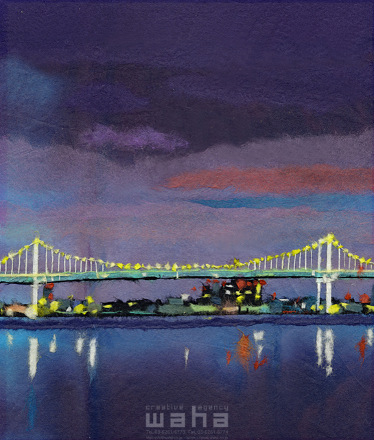 イラスト＆写真のストックフォトwaha（ワーハ）　クラフト、ちぎり絵、風景、日本、都会、都市、夜景、東京、橋、レインボーブリッジ、港、海、湾、東京湾　彦坂 禮三　20-0245c