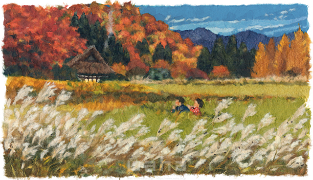 イラスト＆写真のストックフォトwaha（ワーハ）　クラフト、ちぎり絵、風景、日本、田舎、地方、自然、草、すすき、季節、秋、里、故郷、山、民家、住まい、古民家、生活　彦坂 禮三　20-0246c