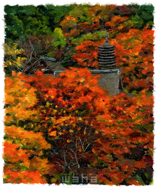 イラスト＆写真のストックフォトwaha（ワーハ）　クラフト、ちぎり絵、風景、日本、田舎、地方、自然、木、季節、秋、里、故郷、山、神社、生活、お参り、紅葉、もみじ、絶景　彦坂 禮三　20-0247c