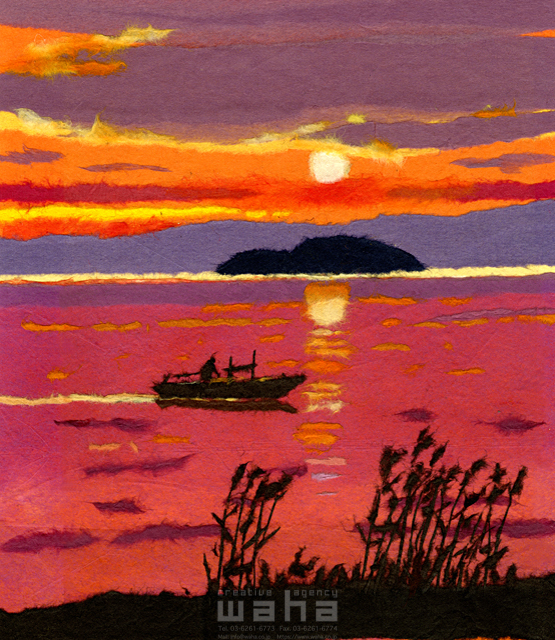 イラスト＆写真のストックフォトwaha（ワーハ）　クラフト、ちぎり絵、風景、日本、田舎、地方、自然、木、草、すすき、季節、秋、湖、島、琵琶湖、船、ボート、故郷、山、生活、絶景、夕日、夕陽、夕方、太陽、日暮れ　彦坂 禮三　20-0248c