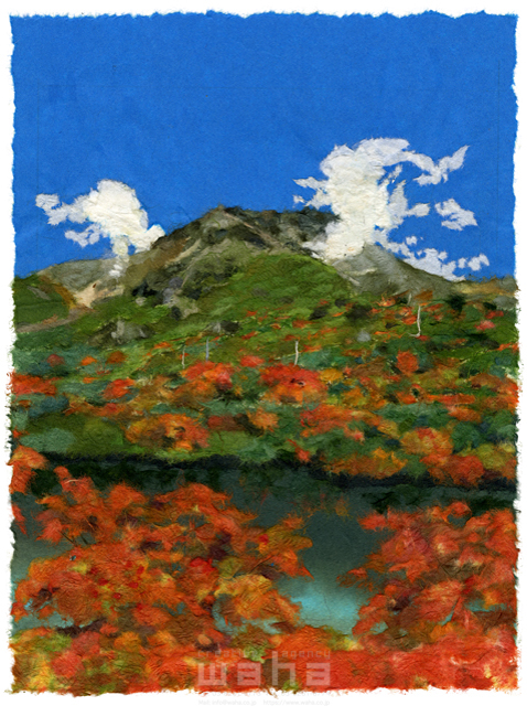イラスト＆写真のストックフォトwaha（ワーハ）　クラフト、ちぎり絵、風景、日本、田舎、地方、自然、木、草、山、湖、紅葉、もみじ、季節、秋、故郷、生活、絶景　彦坂 禮三　20-0250c