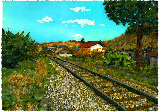 イラスト＆写真のストックフォトwaha（ワーハ）　クラフト、ちぎり絵、風景、日本、田舎、地方、自然、木、草、季節、秋、故郷、生活、線路、電車、鉄道、民家、住まい、古民家　彦坂 禮三　20-0251c