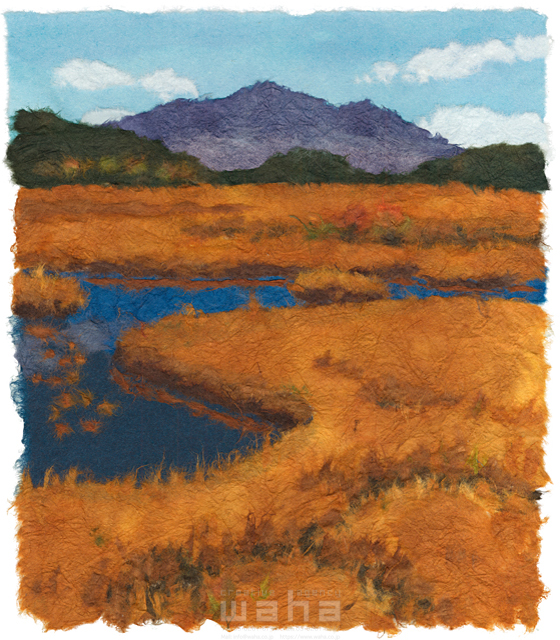 イラスト＆写真のストックフォトwaha（ワーハ）　クラフト、ちぎり絵、風景、日本、田舎、地方、自然、木、草、山、川、紅葉、もみじ、季節、秋、故郷、生活、絶景　彦坂 禮三　20-0253c