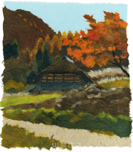 イラスト＆写真のストックフォトwaha（ワーハ）　クラフト、ちぎり絵、風景、日本、田舎、地方、自然、木、草、山、川、紅葉、もみじ、季節、秋、故郷、生活、民家、住まい、古民家　彦坂 禮三　20-0254c