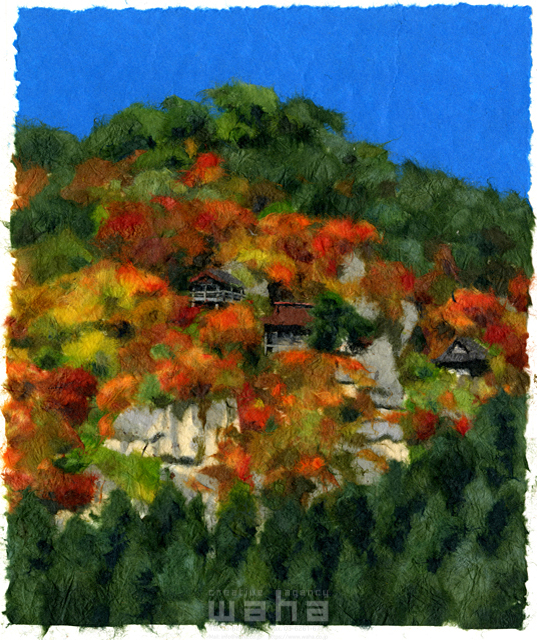 イラスト＆写真のストックフォトwaha（ワーハ）　クラフト、ちぎり絵、風景、日本、田舎、地方、自然、木、草、山、川、紅葉、もみじ、季節、秋、故郷、生活、民家、住まい、古民家、寺、お寺、寺院　彦坂 禮三　20-0255c
