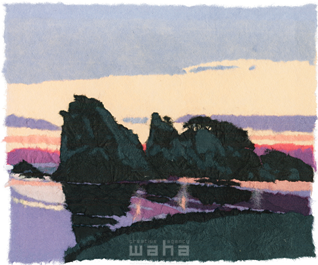 イラスト＆写真のストックフォトwaha（ワーハ）　クラフト、ちぎり絵、風景、日本、田舎、地方、自然、木、草、季節、秋、海、浜、浜辺、岩、故郷、山、島、生活、絶景、夕方、日暮れ　彦坂 禮三　20-0256c