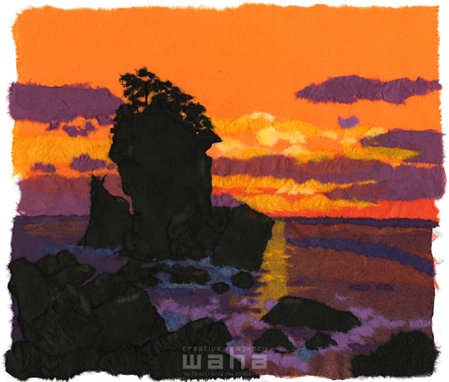 イラスト＆写真のストックフォトwaha（ワーハ）　クラフト、ちぎり絵、風景、日本、田舎、地方、自然、木、草、季節、秋、海、浜、浜辺、岩、故郷、山、島、生活、絶景、夕日、夕陽、夕方、太陽、日暮れ　彦坂 禮三　20-0257c