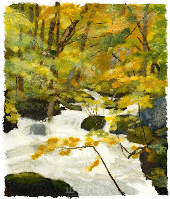 イラスト＆写真のストックフォトwaha（ワーハ）　クラフト、ちぎり絵、風景、日本、田舎、地方、自然、木、草、山、湖、紅葉、もみじ、季節、秋、故郷、生活、絶景、川、渓谷、渓�　彦坂 禮三　20-0258c