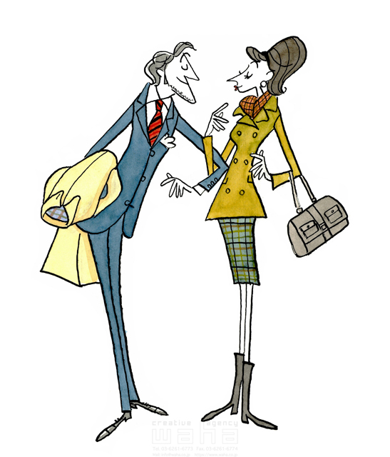 イラスト＆写真のストックフォトwaha（ワーハ）　水彩、人物、人々、カップル、夫婦、デート、お出かけ、男女、男性、女性、大人、ビジネスマン、サラリーマン、腕を組む、おしゃれ、外国人、ひげ、髭　桑原 節　20-0259b