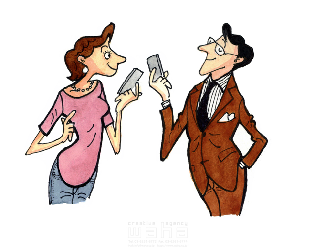 イラスト＆写真のストックフォトwaha（ワーハ）　水彩、人物、人々、カップル、夫婦、男女、男性、女性、大人、ビジネスマン、サラリーマン、スマホ、スマートフォン、携帯、電話、おしゃれ、メガネ、外国人　桑原 節　20-0260b