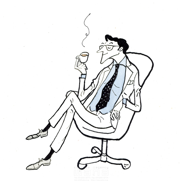 イラスト＆写真のストックフォトwaha（ワーハ）　水彩、人物、人、男性、大人、ビジネス、ビジネスマン、サラリーマン、仕事、スーツ、ネクタイ、休憩、コーヒー、メガネ、くつろぐ、安らぎ　桑原 節　20-0263b