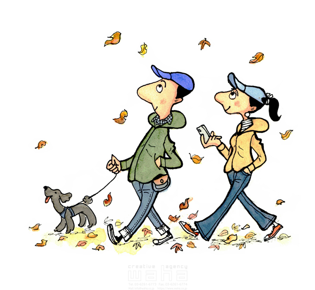 イラスト＆写真のストックフォトwaha（ワーハ）　水彩、人物、人、人々、女性、男性、大人、若者、カップル、夫婦、デート、散歩、落ち葉、紅葉、もみじ、休日、犬、ペット、秋　桑原 節　20-0266b